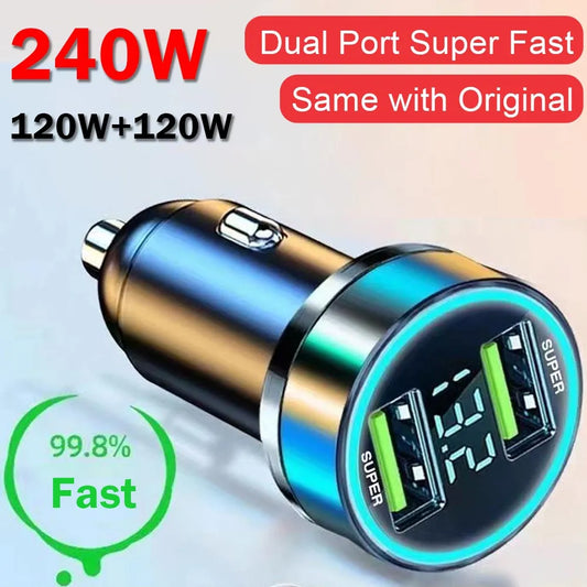 Car Charger Dual USB Ports 120W Super Fast Charging with Digital Display Quick Charging Adapter for IPhone,Samsung, Xiaomi